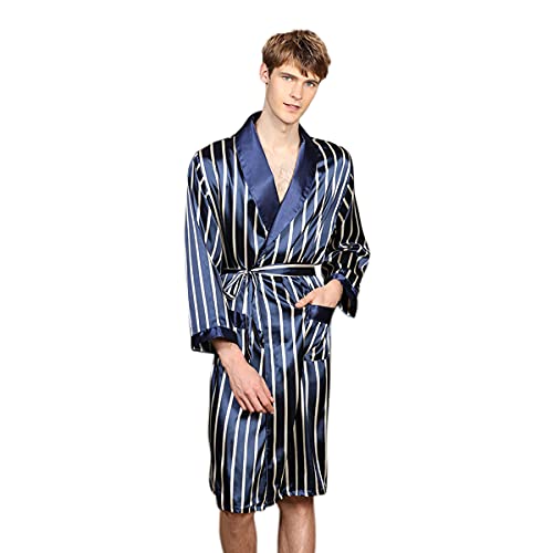 DEBAIJIA Mens Robe Silk Sleepwear Bathrobes Pajamas Set Shorts Male Long Dressing Gowns Nightgown Loungewear Nightwear with Sash Belt (Raya Azul-L)