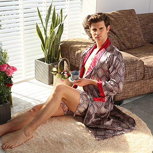 DEBAIJIA Mens Robe Silk Sleepwear Bathrobes Pajamas Set Shorts Male Long Dressing Gowns Nightgown Loungewear Nightwear with Sash Belt (Raya Azul-L)