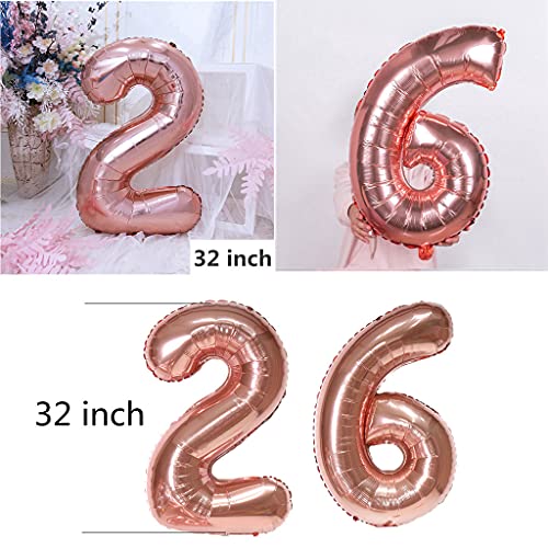 Decoración de cumpleaños para mujer, oro rosa, 26 años, 26 globos gigantes