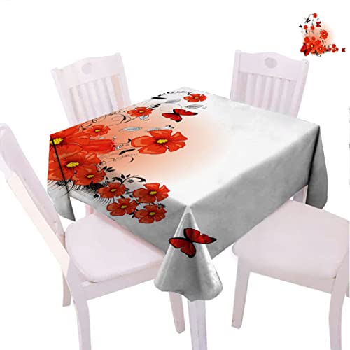 Decoraciones de amapola, manteles cuadrados, fondo floral con mariposas e ilustración temática de primavera, cubierta de tela para mesa de cocina, 50 pulgadas de ancho x 50 pulgadas de largo