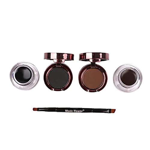 Delineador en gel y polvo de la ceja kit de prueba de agua Ojos de maquillaje con el cepillo de larga duración Crema Delineador de cejas Set (Marrón + Negro) 4 en 1