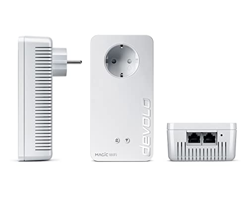 Devolo Magic 1 WiFi: Powerline con función WLAN, WiFi de hasta 1200 Mbit/s AC, 2 x Adaptador Pro Fast Ethernet conexión LAN, Toma de Corriente integrada, Red WiFi, Punto de Acceso, Blanco