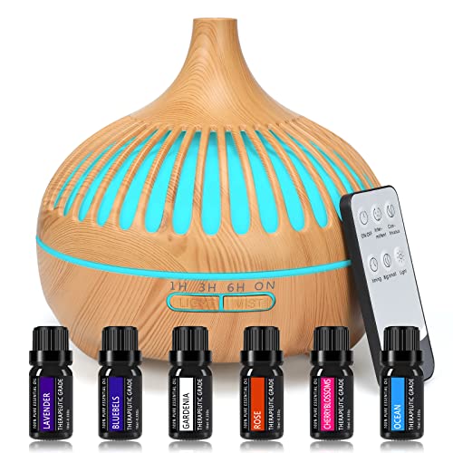 Difusor Aceites Esenciales,550ML Humificador de Aromas Ultrasonico con 6 x10ml Aceites Esenciales,Silencioso Humidificador Aceites Esenciales con Mando a Distancia,Timer,7 Color LED,para Hogar,Sin SPA