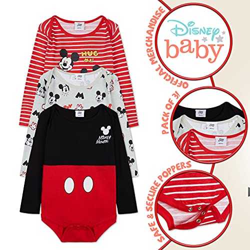 Disney Body Bebe Manga Larga de Mickey Mouse, Ropa Bebe 100% Algodón, Regalos Bebe Recien Nacido Pack de 3 (6-9 Meses, Multicolor)