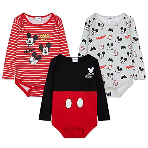 Disney Body Bebe Manga Larga de Mickey Mouse, Ropa Bebe 100% Algodón, Regalos Bebe Recien Nacido Pack de 3 (6-9 Meses, Multicolor)