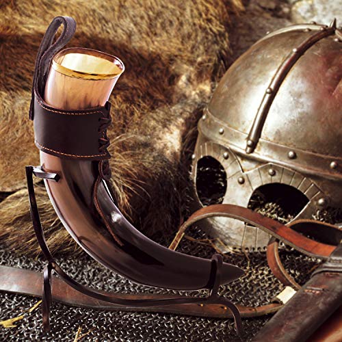 Divit - Cuerno para Beber con Soporte de Hierro, auténtico Cuerno Medieval para Beber Cerveza | Adornos de latón y Saco de Regalo de arpillera Incluido | Capacidad de 16 oz (400-500 ml)