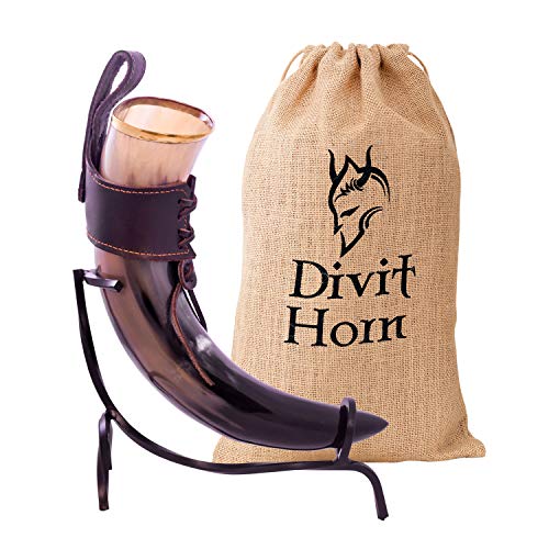 Divit - Cuerno para Beber con Soporte de Hierro, auténtico Cuerno Medieval para Beber Cerveza | Adornos de latón y Saco de Regalo de arpillera Incluido | Capacidad de 16 oz (400-500 ml)