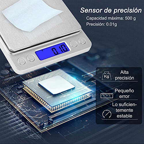 Diyife Báscula Digital de Cocina, 0.01g/500g Báscula Electrónica de Cocción de Alimentos con Pantalla LCD Báscula de Pesaje de Plataforma de Acero Inoxidable Báscula para Hornear y Cocinar