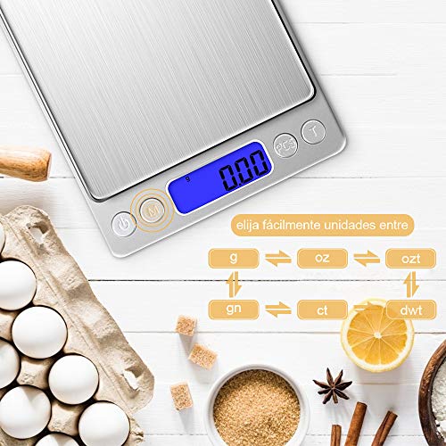 Diyife Báscula Digital de Cocina, 0.01g/500g Báscula Electrónica de Cocción de Alimentos con Pantalla LCD Báscula de Pesaje de Plataforma de Acero Inoxidable Báscula para Hornear y Cocinar