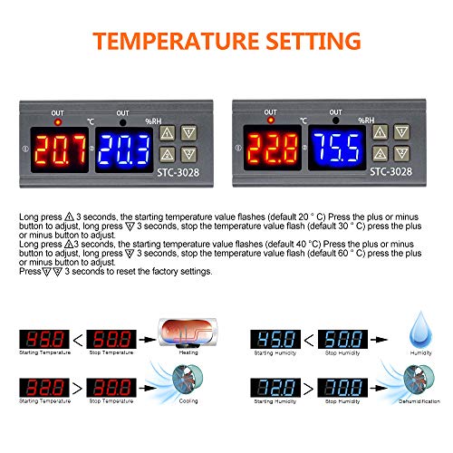 Diymore Termostato Controlador de Temperatura y Humedad Digital STC-3028 AC110V-220V Deshumidificador Calentador con AM2120 Sonda Refrigerador Humidificador Deshumidificador