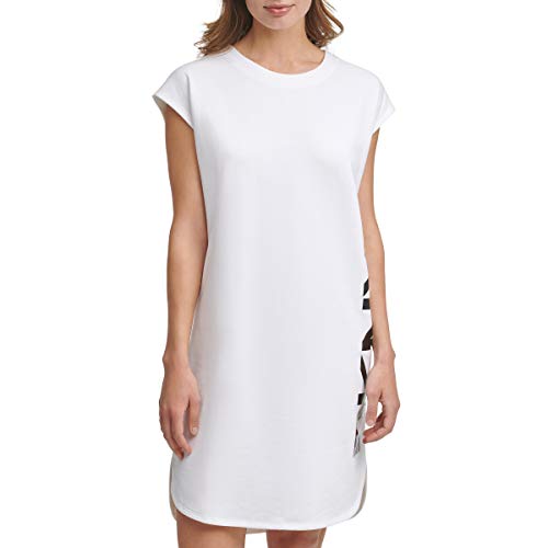 DKNY Sportswear Cap Sleeve Logo T-Shirt Vestido Casual, White, M Da Donna