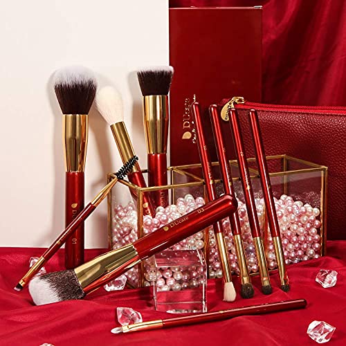 DUcare 10 Piezas Brochas de Maquillaje Profesional set de brochas de maquillaje sintética con bolsa de piel brochas maquillaje Pinceles Maquillaje Brocha de maquillaje（rojo）