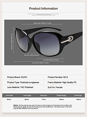 Duco Mujer Gafas de sol Classic Fashionable Ladies con lentes polarizadas de gran tamaño 100% protección UV 6214 (Negro brillante)