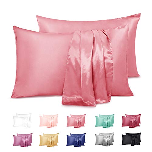 Duerer Fundas de Almohada satén Sedoso estándar para 2 Piezas, con Cierre de sobre, Muy Liso Suave de 100% Microfibra, Belleza Facial, Cuidado de la Cara, hipoalergénico - 50x91cm, Rosado