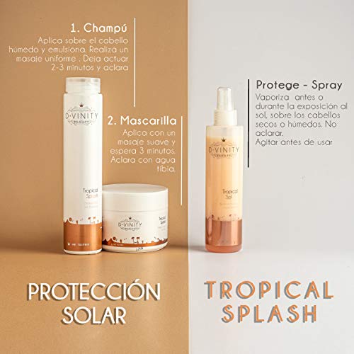 D.VINITY Tropical Splash – Mascarilla Protección Solar, Mascarilla para Cabellos Secos, Nutre y Repara, Rico en Vitamina C, Filtro UV, Elimina Restos Cloro, Protector Solar (250 ml)