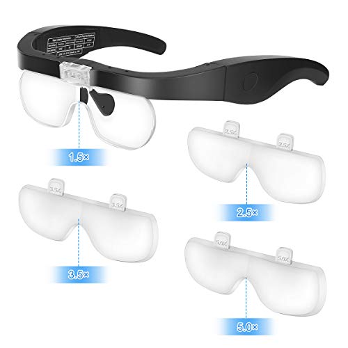 E-More Lupa con luz 2 LED Lupas de Gran Aumento Perfecto para Leer, Extensiones de Reparación de Joyería,Tarcrafter Gafas Lupa Visera y 4 Lentes Intercambiable1.5X, 2.5X, 3.5X, 5X.