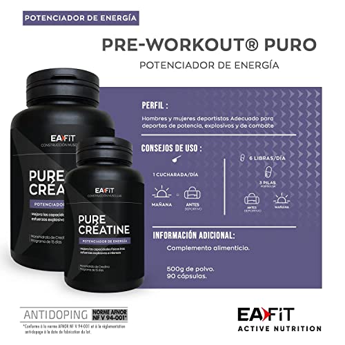 EAFIT Pure Creatine - 90 Cápsulas - Monohidrato de creatina (3 000 Mg) - Explosividad - Esfuerzos intensos - Marca francesa - Certificado antidopaje