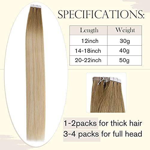 Easyouth Extensiones Adhesivas de Remy Pelo Natural Tape in Hair Extensione Color Castaño medio Mix Honey Blonde y Platinum Blonde 20pcs 16Pulgada 40g Tape in Real Human Hair Extensions