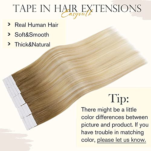 Easyouth Extensiones Adhesivas de Remy Pelo Natural Tape in Hair Extensione Color Castaño medio Mix Honey Blonde y Platinum Blonde 20pcs 16Pulgada 40g Tape in Real Human Hair Extensions