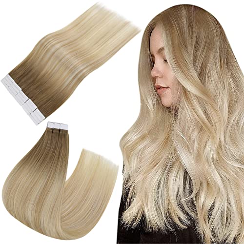 Easyouth Extensiones Adhesivas de Remy Pelo Natural Tape in Hair Extensione Color Castaño medio Mix Honey Blonde y Platinum Blonde 20pcs 16Pulgada 40g Tape in Real Human Hair Extensions