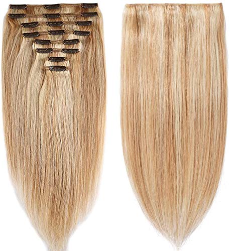 Elailite Extensiones de Clip de Pelo Natural Balayage 100% Remy Cabello Humano 8 Piezas Gruesas Doble Volumen 25cm (110g) #18P613 Ash Rubio/Rubio Muy Claro