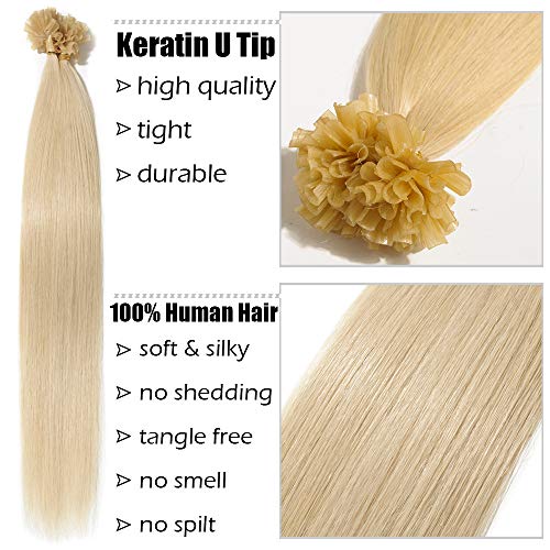 Elailite Extensiones Queratina 100 Gramos Pelo Natural 100% Remy Cabello Humano sin Clip U Tip Keratina 100 Piezas - 50cm #60 Rubio Platino