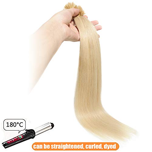 Elailite Extensiones Queratina 100 Gramos Pelo Natural 100% Remy Cabello Humano sin Clip U Tip Keratina 100 Piezas - 50cm #60 Rubio Platino