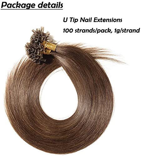 Elailite Extensiones Queratina Pelo Natural 1g * 100 Piezas - Cabello Humano sin Clip U Tip Keratina 100g 50cm #04 Castaño Medio