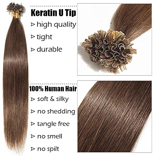 Elailite Extensiones Queratina Pelo Natural 1g * 100 Piezas - Cabello Humano sin Clip U Tip Keratina 100g 50cm #04 Castaño Medio