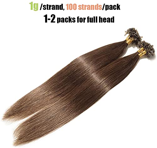 Elailite Extensiones Queratina Pelo Natural 1g * 100 Piezas - Cabello Humano sin Clip U Tip Keratina 100g 50cm #04 Castaño Medio