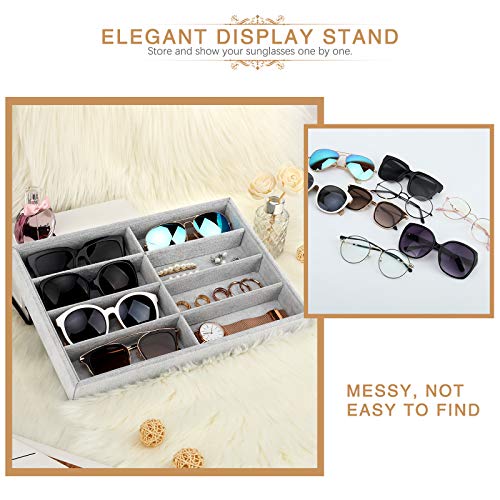 Emibele Organizador de Gafas, 8 Rarunas de Estuche Caja Soporte para Gafas de Sol, Bandeja de Exhibición de Terciopelo para Guardar Gafas Joyas - Gris Hielo