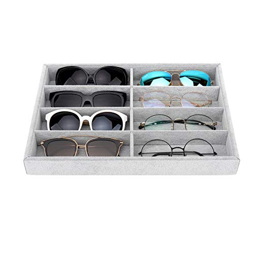 Emibele Organizador de Gafas, 8 Rarunas de Estuche Caja Soporte para Gafas de Sol, Bandeja de Exhibición de Terciopelo para Guardar Gafas Joyas - Gris Hielo