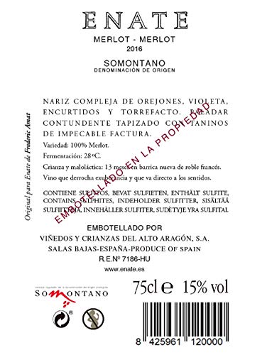 ENATE Merlot-Merlot - Vino Tinto - D.O. Cabernet - 75cl - Vino Tinto de Amplio y Complejo Abanico Aromático - Recuerdos de Frutos Rojos y Notas Balsámicas y Especiadas