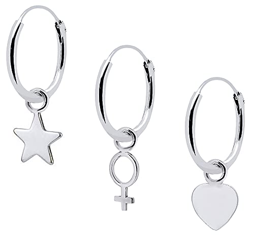 ENTREPLATA Pendientes Plata de Ley 925. Aretes para Mujer Niña Hombre Niño Unisex. Tres Aros de Plata con Tres Colgantes formas de Corazon, Estrella, Simbolo Femenino Feminista Venus