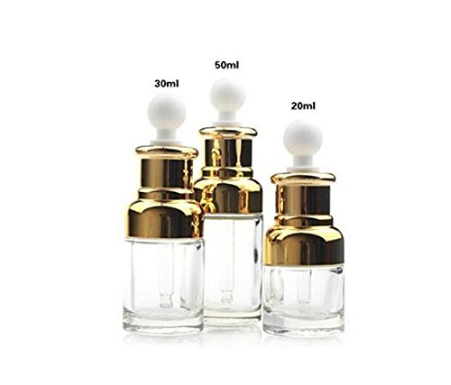 ericotry 1 botella vacía de cristal transparente de lujo para aromaterapia, perfume esencial, aceite de élite, frascos cosméticos con pipeta de cristal, cuentagotas de ojos (30 ml, oro)