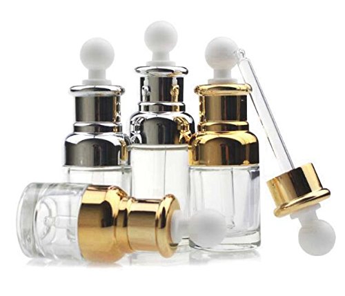 ericotry 1 botella vacía de cristal transparente de lujo para aromaterapia, perfume esencial, aceite de élite, frascos cosméticos con pipeta de cristal, cuentagotas de ojos (30 ml, oro)