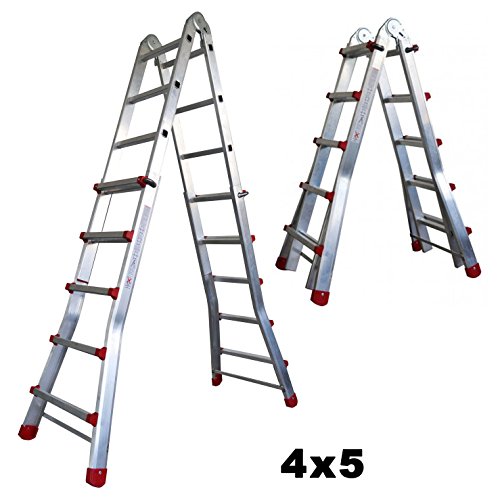 Escalera Articulada Telescópica Plegable 5+4 en 2 Tramos Profesional de Aluminio. Escada Articulada Telescópica (Hasta 18 Peldaños/Até 18 degraus)