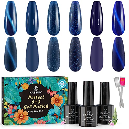 Esmaltes Semipermanentes, Kastiny 9PCS Ojos Gato Azul Oscuro Colección Pintauñas Semipermanente con Base, Capa Superior Brillante y Mate, Uñas Gel UV LED para Navidad y Año Nuevo