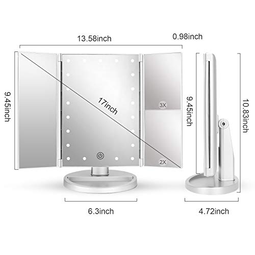 Espejo de Maquillaje con LED, Iluminado Espejo de Mesa Luz con Ampliación 1X / 2X / 3X Plegable Espejo de la Vanidad Rotación 180° Pantalla Táctil Espejo Cosmético para Hombre y Mujer