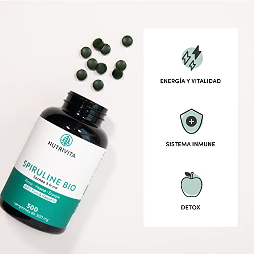 Espirulina Ecológica Pura | 500 Comprimidos de 500 mg | Rico en Proteínas, Ficocianina, Minerales y Vitaminas | Detox, Energía, Vitalidad | 100% Vegano | Nutrivita