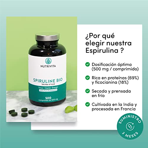 Espirulina Ecológica Pura | 500 Comprimidos de 500 mg | Rico en Proteínas, Ficocianina, Minerales y Vitaminas | Detox, Energía, Vitalidad | 100% Vegano | Nutrivita