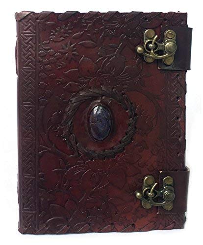 Fait main relief en cuir Journal Journal Notebook Croquis rechargeable avec pierre bleu 2 loquets, bordure en dentelle Agenda par Cuero