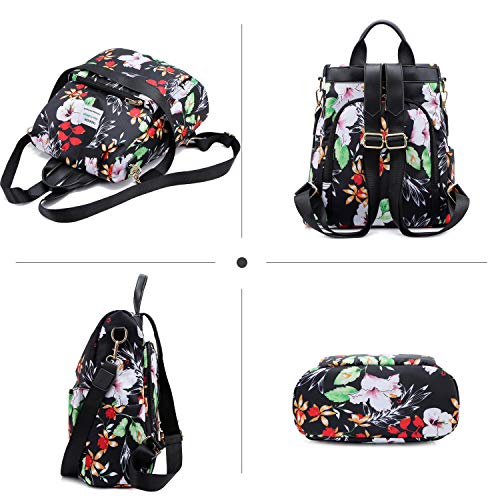 FANDARE Bolsos Mochila Mujer Bolsa de Hombro Antirrobo Bolso Mochilas Tipo Casual Niña Bolsas Escolares Adolescente Daypacks para Outdoor Viaje 3 in 1 School Bag Impermeable Nylon Flores Negras