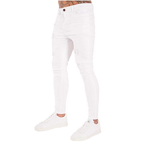 Fansu Vaqueros Hombre Skinny, Pantalones Ajustados Jeans Rotos Elasticos Slim Fit Stretchy Ripped Classic Jeans Denim Casuales Pants Regular Recta (Blanco,M)