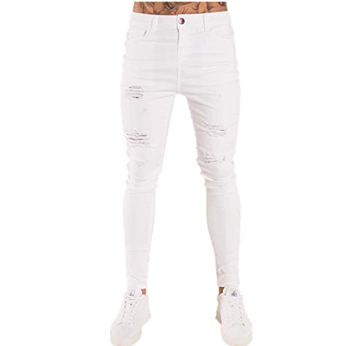 Fansu Vaqueros Hombre Skinny, Pantalones Ajustados Jeans Rotos Elasticos Slim Fit Stretchy Ripped Classic Jeans Denim Casuales Pants Regular Recta (Blanco,M)