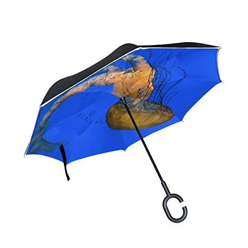 FANTAZIO paraguas invertido de alta definición medusas de doble capa con protección UV inversa paraguas autosostenido con mango en forma de C al revés, plegable/desplegar a prueba de viento y repelente al agua