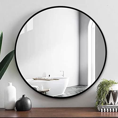 FANYUSHOW Espejo redondo grande con marco de metal negro HD, espejo de pared de cristal para cuarto de baño, vestidor o salón, espejo de maquillaje (negro, 60 cm)