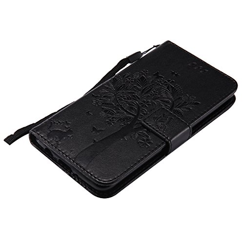 Fatcatparadise - Funda para LG K8 (con protector de pantalla de cristal templado), diseño retro, función atril, patrones prensados elegantes de gato, mariposa y árbol, piel sintética