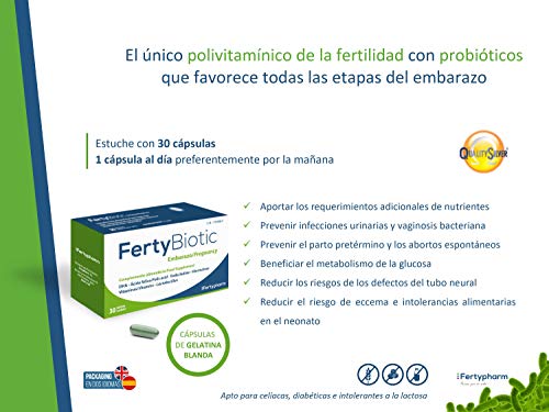FERTYBIOTIC Embarazo | Complemento Vitamínico para Embarazo y Lactancia con Ácido fólico, Vitamina D, C, E, Hierro, Yodo, Magnesio, Zinc, DHA y Probióticos | 30 Cápsulas