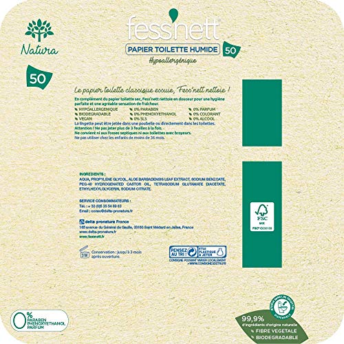 Fess'nett – Papel higiénico humida Natura x50 – Fórmula testada dermatológicamente 0% parabeno, 0% fenoxietanol – Hipoalergénico